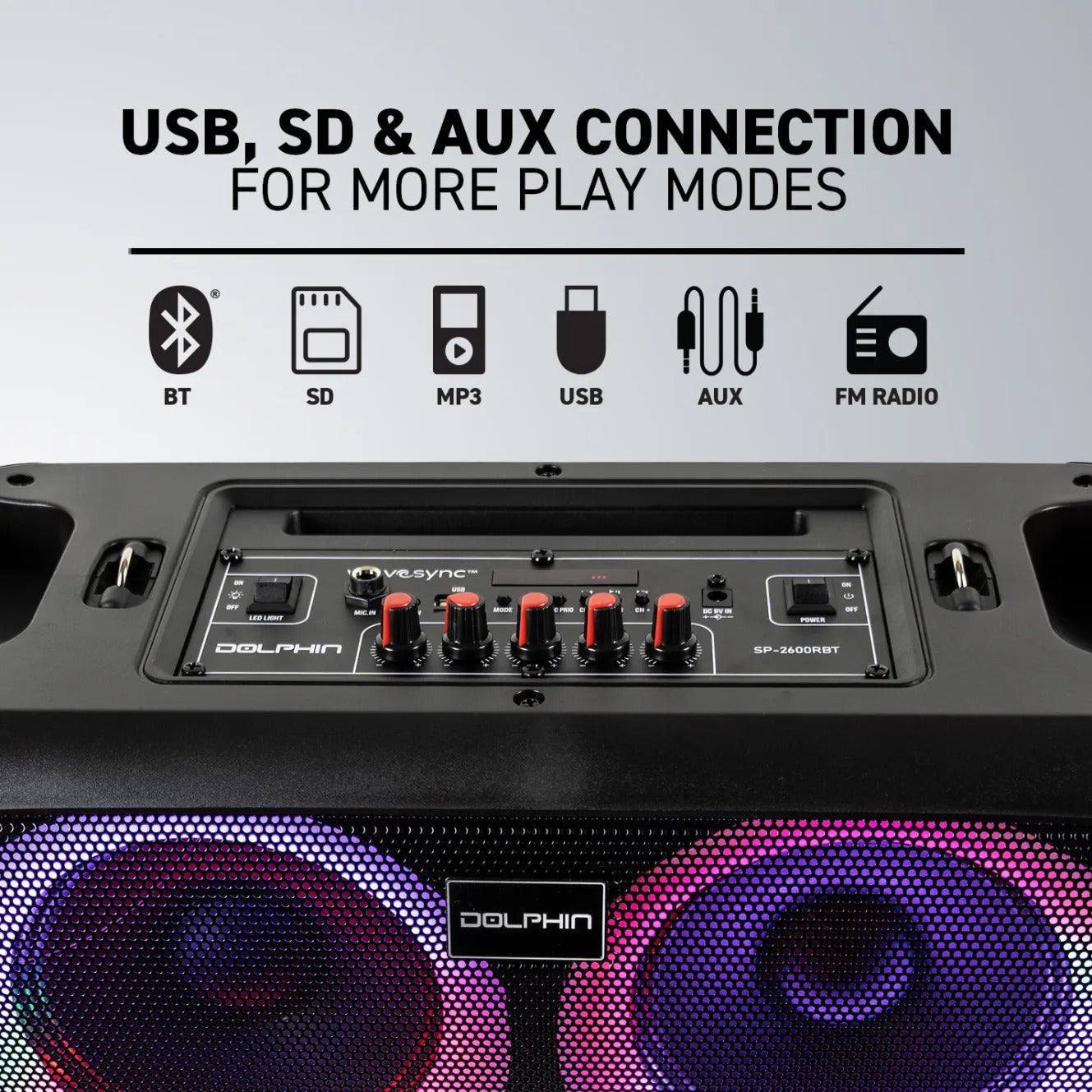 Dolphin Sp-2600rbt Bocina Bluetooth Portátil Dual Woofer 6.5